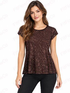 INC International Concepts Brown Sequin Top Size M Cap Sleeve Sparkle Party Top